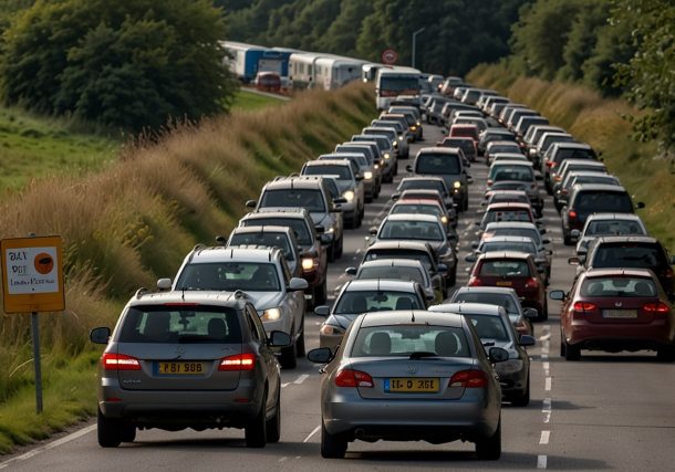 Vehicles stuck in traffic along the B1508 road near Colchester Golf Club on a busy weekday morning