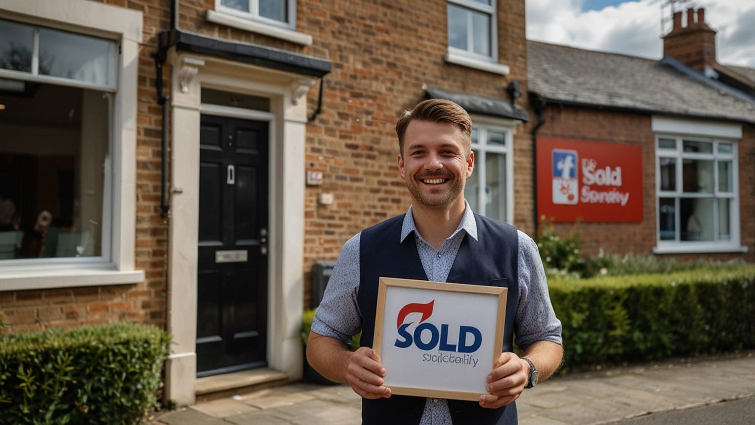 A cheerful couple stands outside their new home holding a ‘Sold’ sign, with a Nationwide Building Society branch visible in the background, symbolizing the lender’s 2025 mortgage rate cuts.