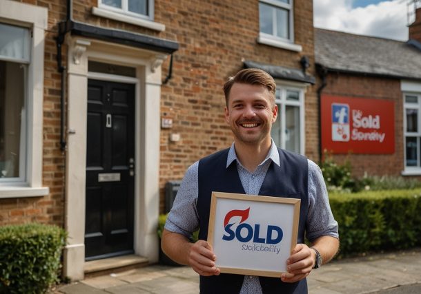 A cheerful couple stands outside their new home holding a ‘Sold’ sign, with a Nationwide Building Society branch visible in the background, symbolizing the lender’s 2025 mortgage rate cuts.