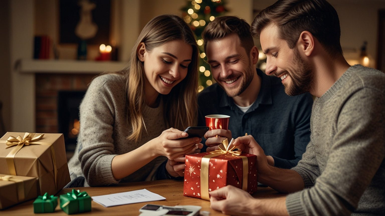 A festive family scene with parents and a newborn opening a Christmas gift, alongside a smartphone displaying the HMRC app, promoting Child Benefit claims for holiday support.