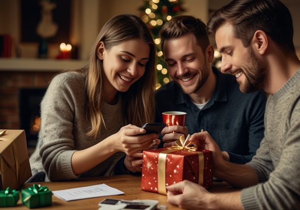 A festive family scene with parents and a newborn opening a Christmas gift, alongside a smartphone displaying the HMRC app, promoting Child Benefit claims for holiday support.