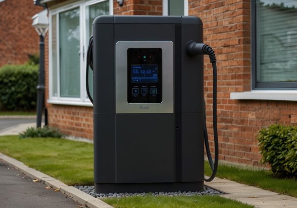 A modern electric vehicle charger installed on a residential driveway in England, featuring a sleek design with a digital display and smart technology integration, surrounded by a tidy suburban neighborhood.