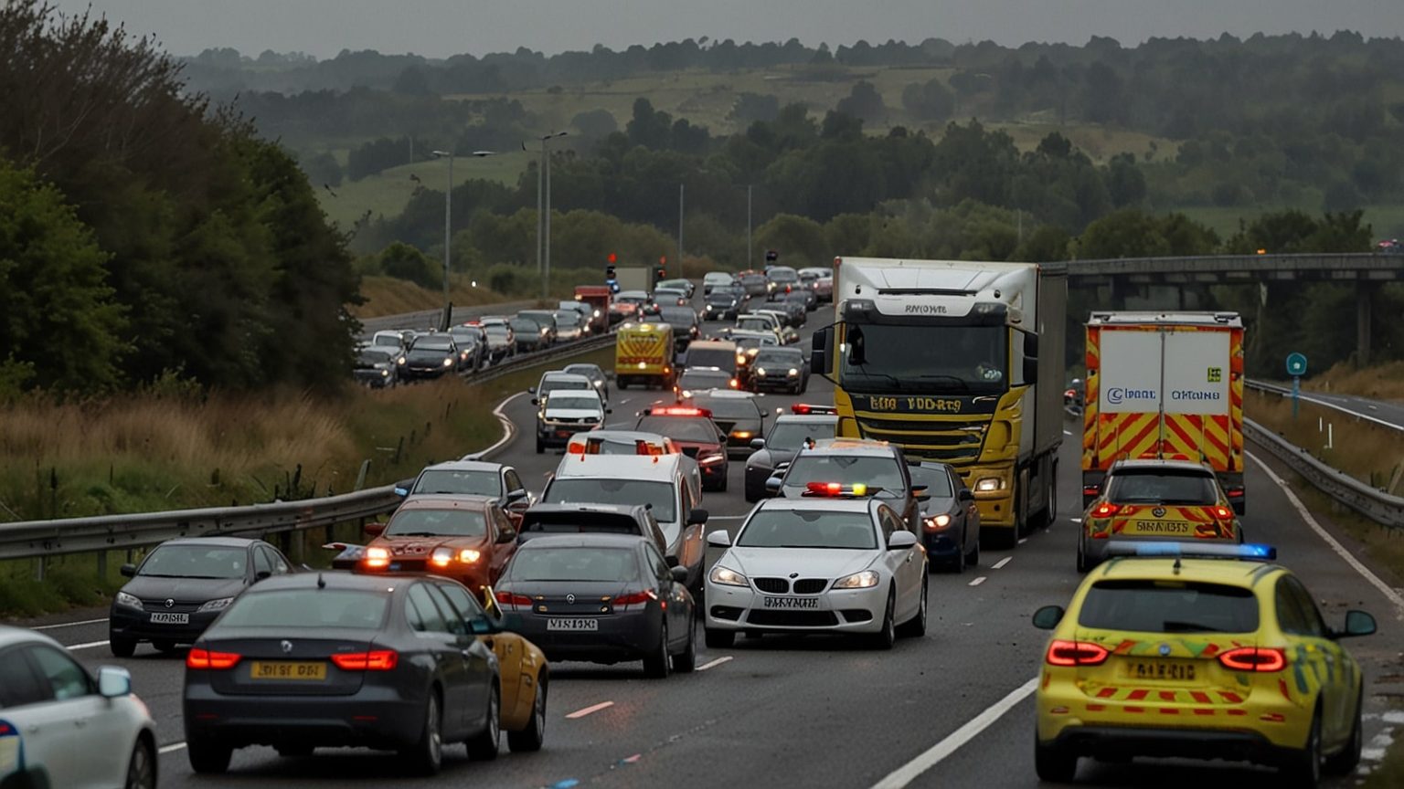 A section of the M5 northbound in Gloucestershire, showing emergency vehicles with flashing lights attending a multi-vehicle crash near junction 8, with traffic backed up in both directions under a cloudy sky.