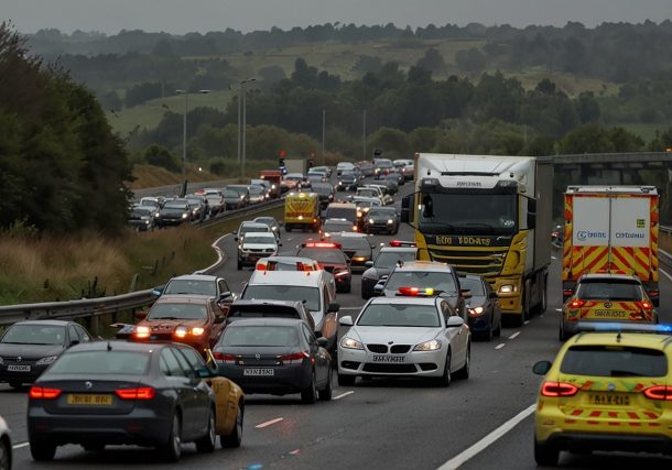 A section of the M5 northbound in Gloucestershire, showing emergency vehicles with flashing lights attending a multi-vehicle crash near junction 8, with traffic backed up in both directions under a cloudy sky.