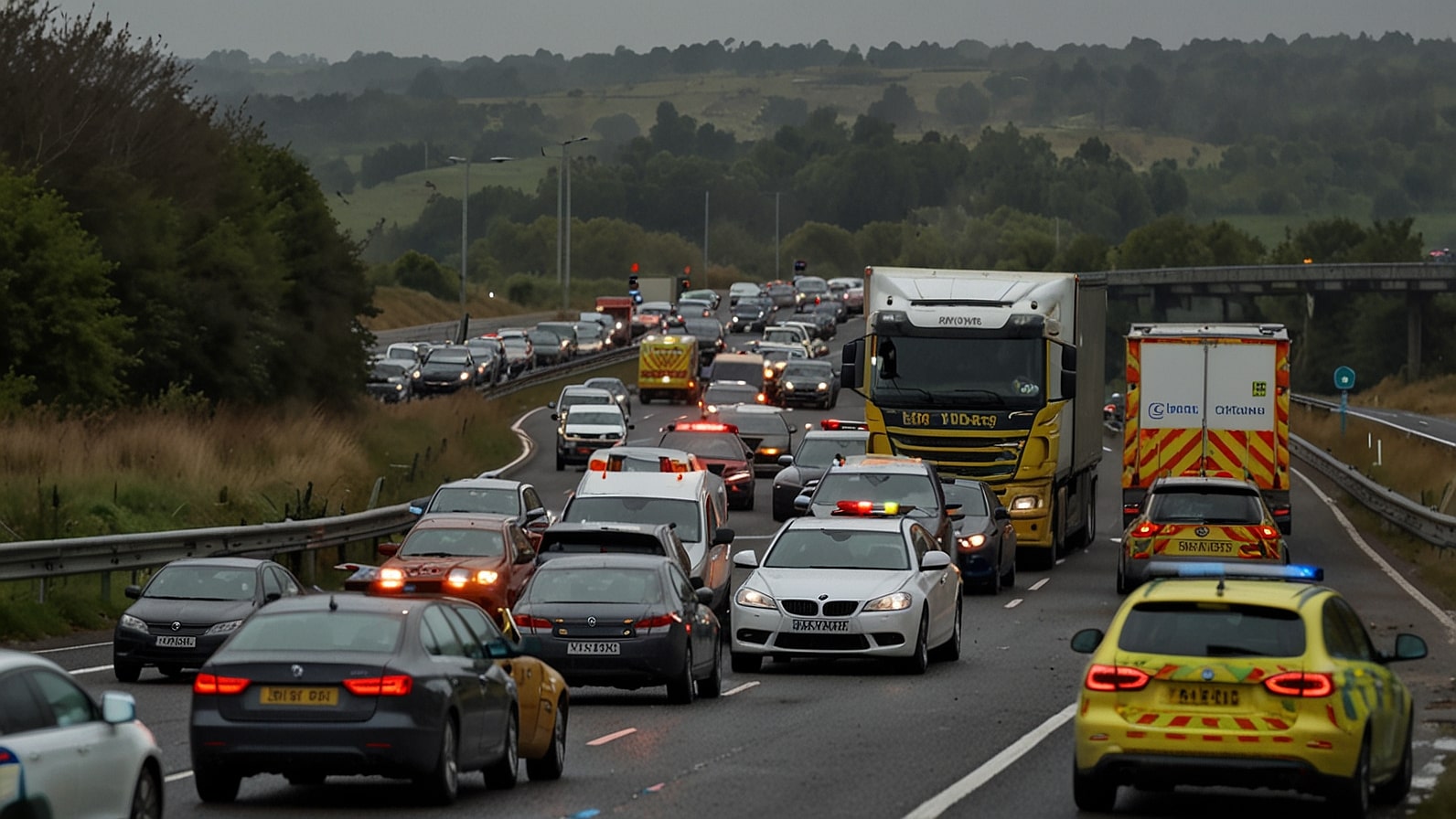 A section of the M5 northbound in Gloucestershire, showing emergency vehicles with flashing lights attending a multi-vehicle crash near junction 8, with traffic backed up in both directions under a cloudy sky.
