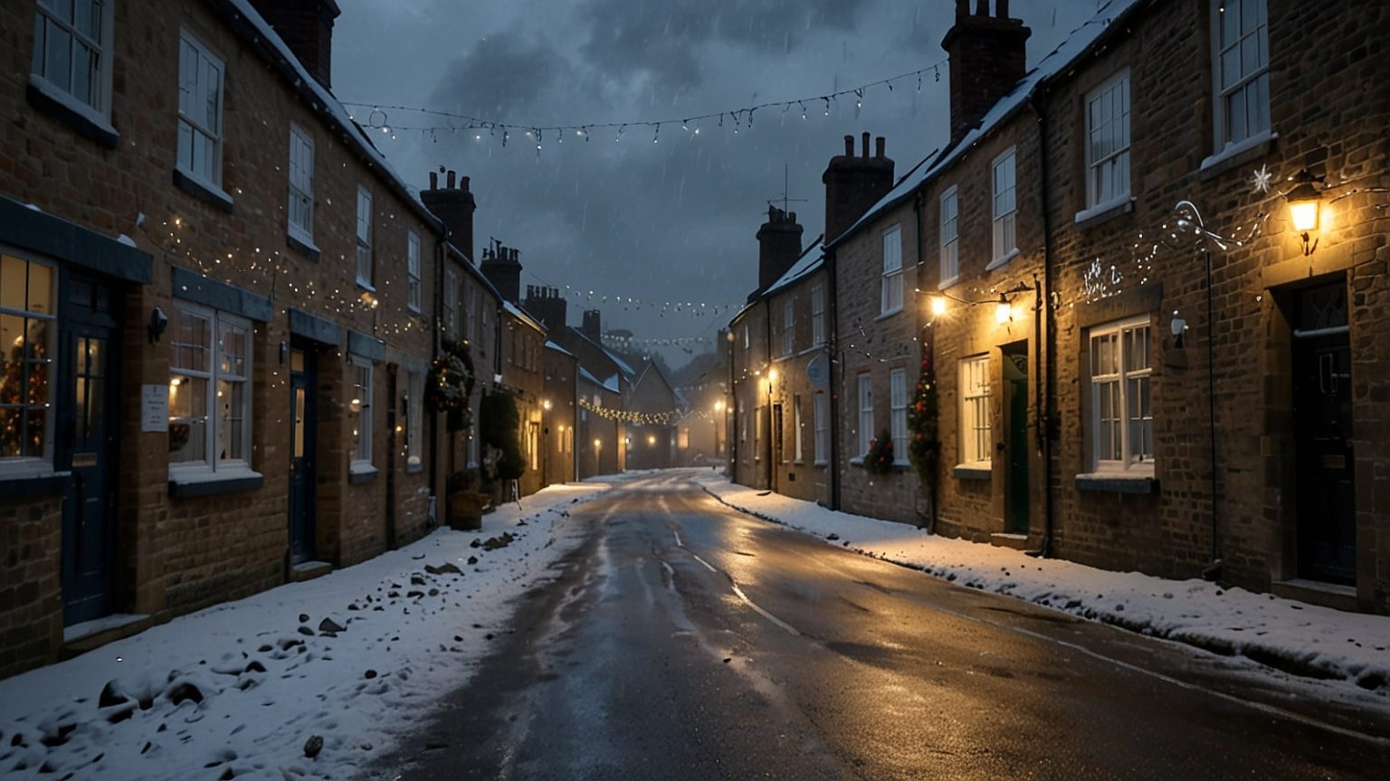 A snow-covered street in a UK village under a stormy sky, with snowflakes falling and festive lights glowing, as the nation prepares for a potential White Christmas in 2025.