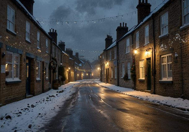A snow-covered street in a UK village under a stormy sky, with snowflakes falling and festive lights glowing, as the nation prepares for a potential White Christmas in 2025.