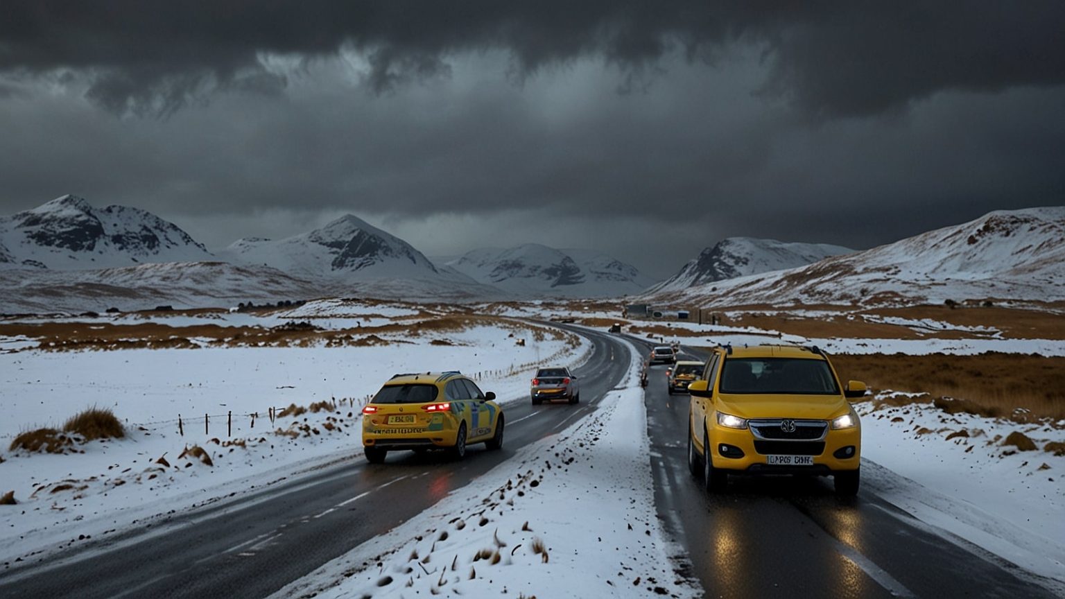 A snowy landscape in northern Scotland with snow-covered hills and a stormy sky, as emergency vehicles prepare for a 60-hour snow deluge starting December 9, 2025.