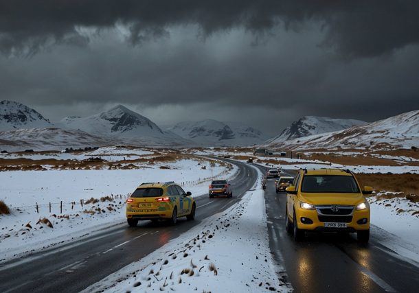 A snowy landscape in northern Scotland with snow-covered hills and a stormy sky, as emergency vehicles prepare for a 60-hour snow deluge starting December 9, 2025.