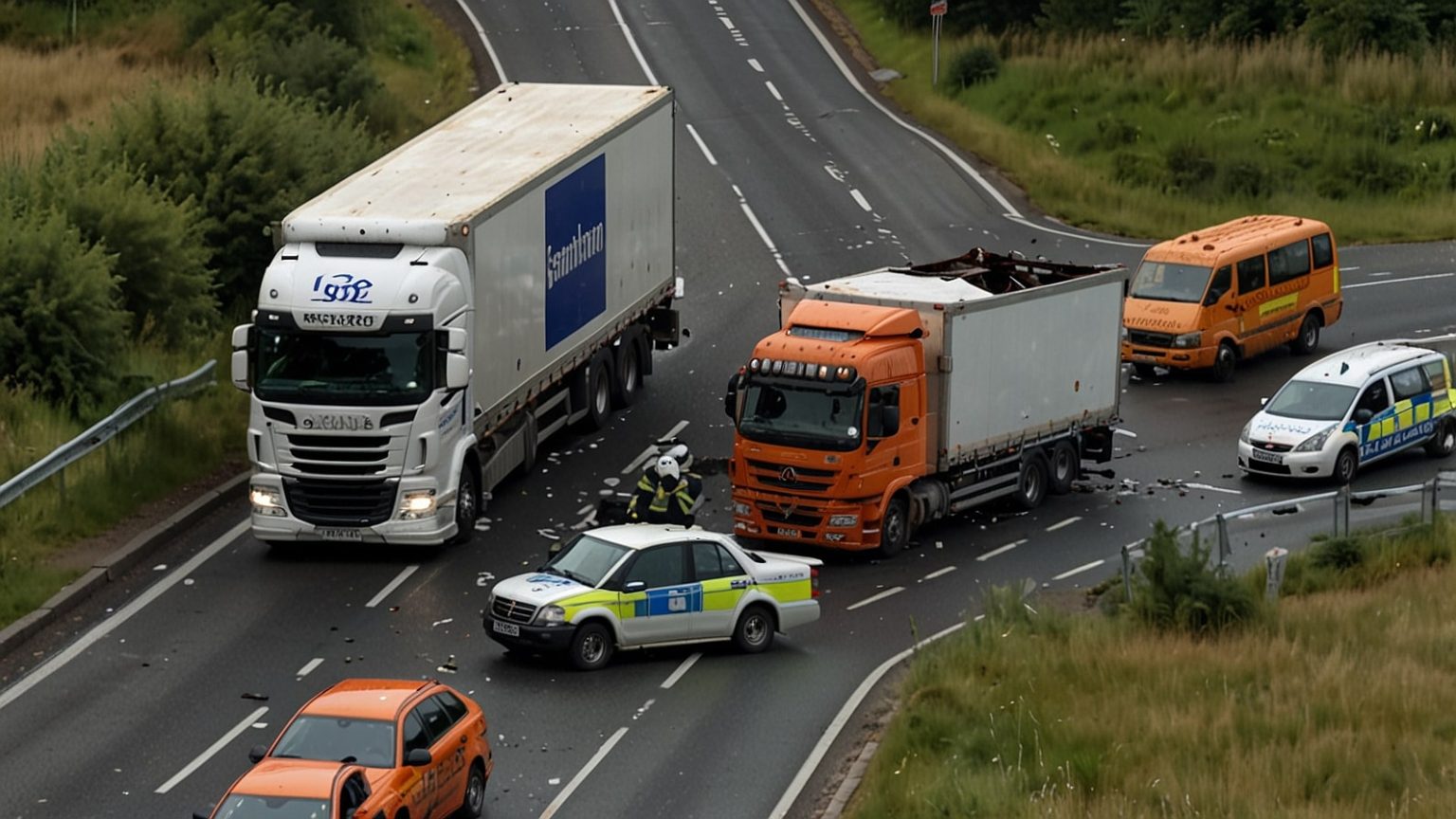 Aerial view of a lorry crash on the M6 motorway between Junction 17 Sandbach and Junction 16 Crewe, showing traffic congestion and emergency response vehicles in Cheshire, August 2025.