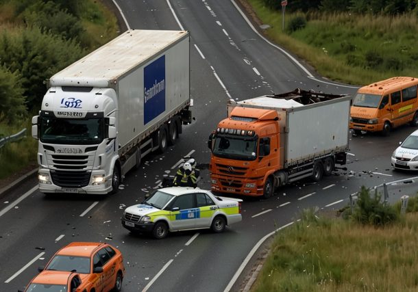 Aerial view of a lorry crash on the M6 motorway between Junction 17 Sandbach and Junction 16 Crewe, showing traffic congestion and emergency response vehicles in Cheshire, August 2025.