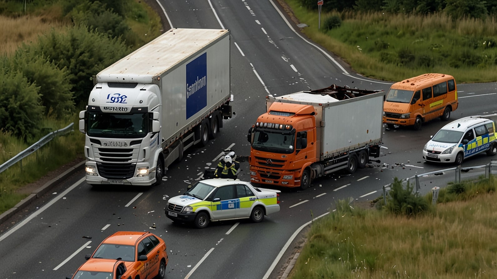 Aerial view of a lorry crash on the M6 motorway between Junction 17 Sandbach and Junction 16 Crewe, showing traffic congestion and emergency response vehicles in Cheshire, August 2025.