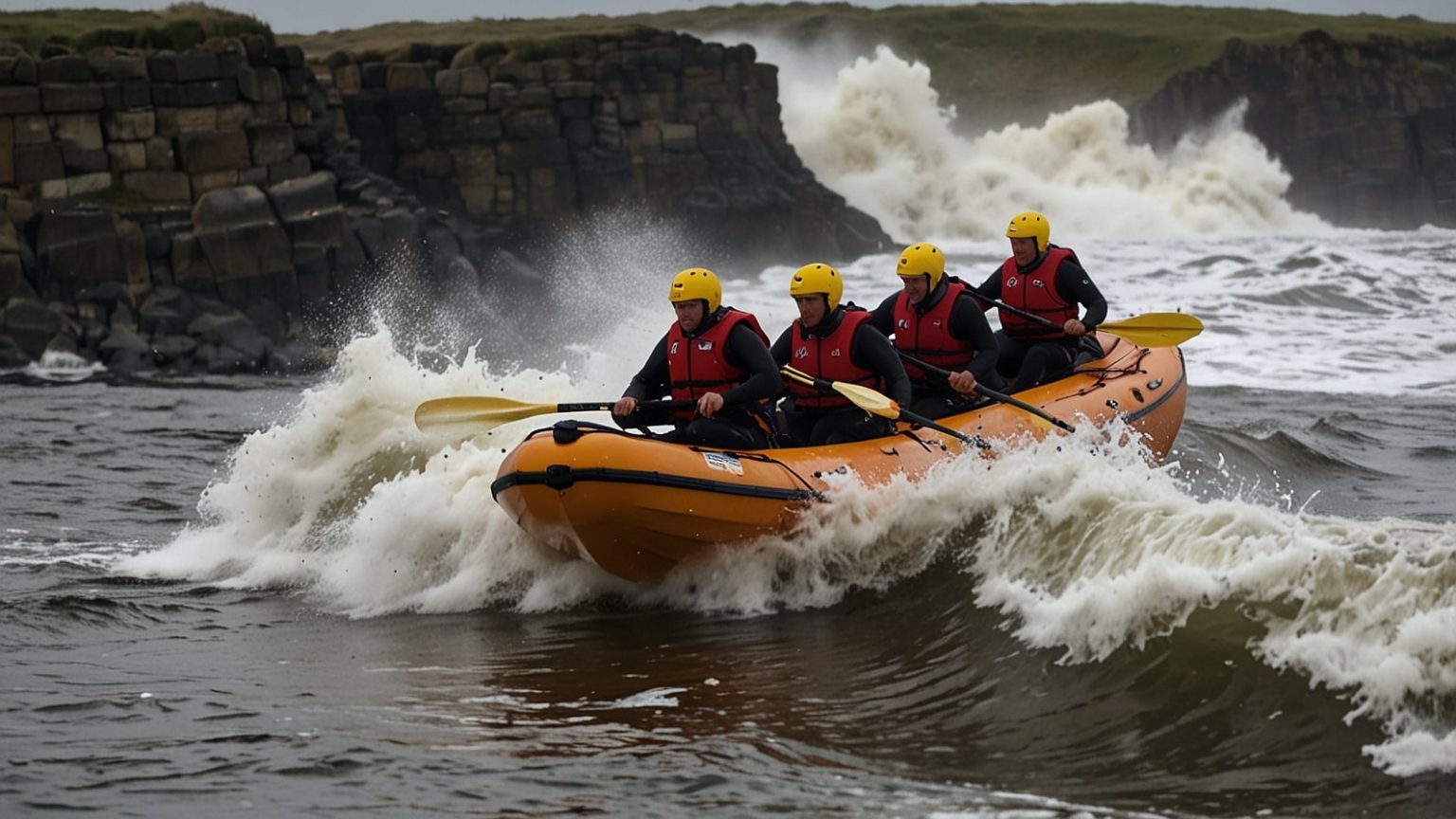 Emergency services, including RNLI lifeboats and Coastguard teams, navigate choppy waters at Cullercoats Bay to rescue 32 stranded kayakers and body-boarders under a cloudy sky.