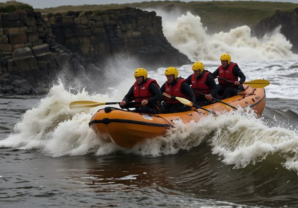 Emergency services, including RNLI lifeboats and Coastguard teams, navigate choppy waters at Cullercoats Bay to rescue 32 stranded kayakers and body-boarders under a cloudy sky.