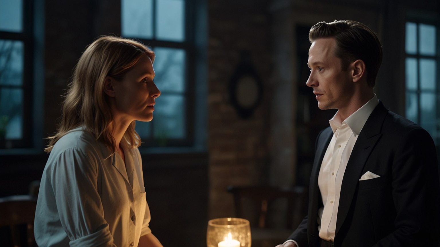 Stacey Dooley and Kevin Clifton on stage, acting in a tense scene from the supernatural thriller 2:22 A Ghost Story, set against a dimly lit dinner party backdrop.