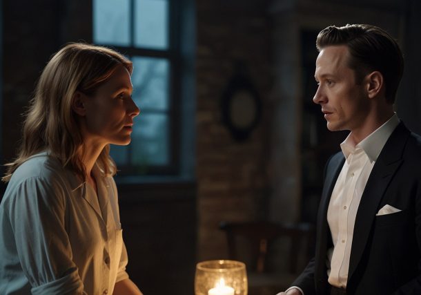 Stacey Dooley and Kevin Clifton on stage, acting in a tense scene from the supernatural thriller 2:22 A Ghost Story, set against a dimly lit dinner party backdrop.