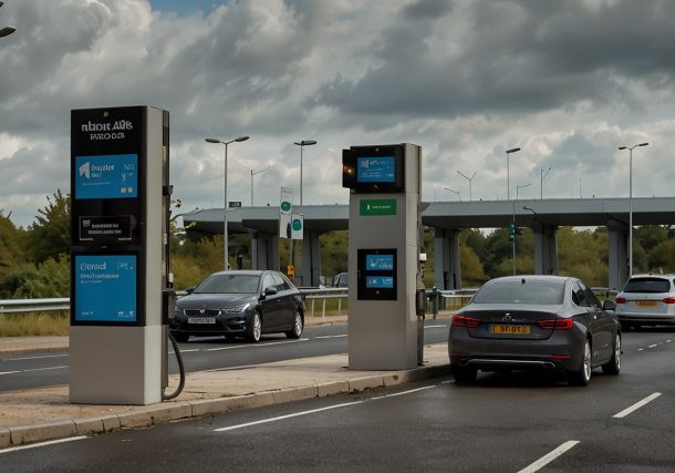 A driver uses a smartphone to make a contactless payment at an M6 Toll booth, with a sleek toll plaza and ANPR cameras in the background, 2025.
