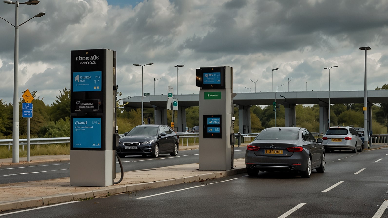 A driver uses a smartphone to make a contactless payment at an M6 Toll booth, with a sleek toll plaza and ANPR cameras in the background, 2025.