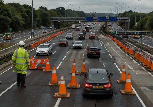 Vehicles navigate a signed diversion route near an M4 junction closure, with orange cones and maintenance signs under a clear August 2025 sky.