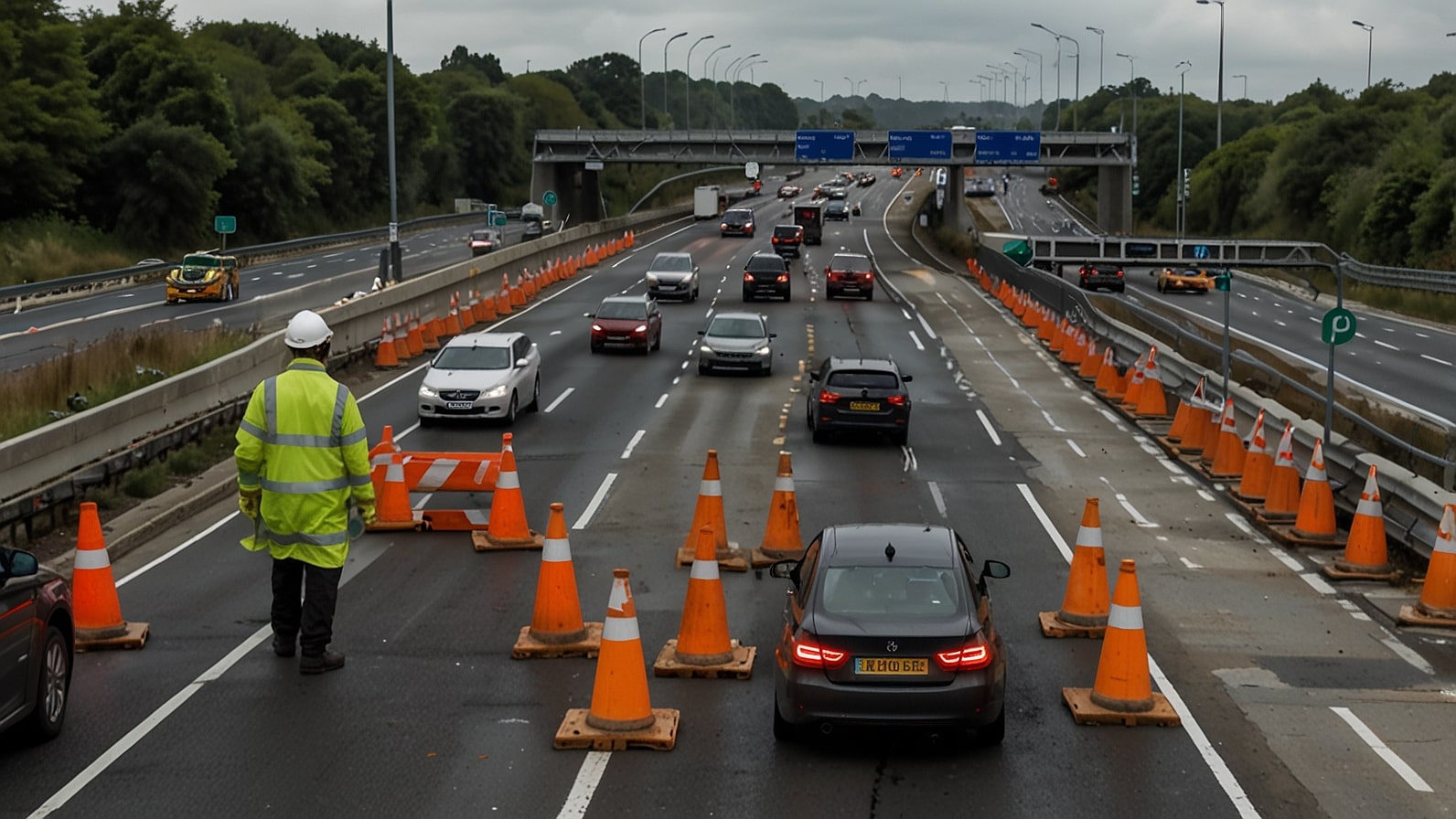 Vehicles navigate a signed diversion route near an M4 junction closure, with orange cones and maintenance signs under a clear August 2025 sky.
