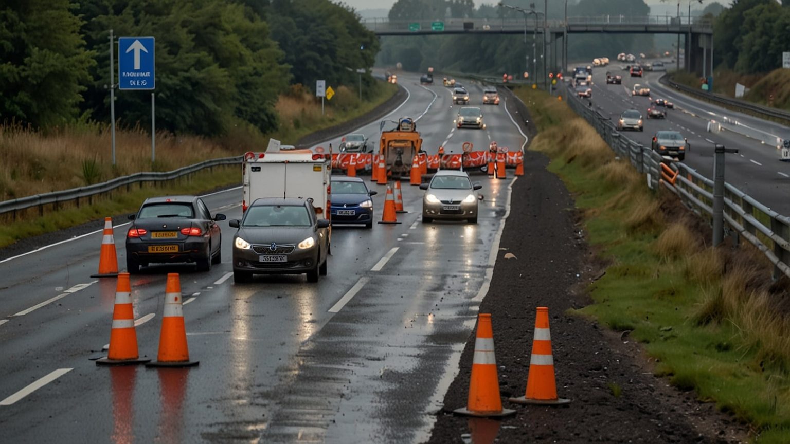 Vehicles follow a signed diversion route along the A4 near junction 12 of the M4 motorway, with orange cones and National Highways signs under a clear August 2025 sky.