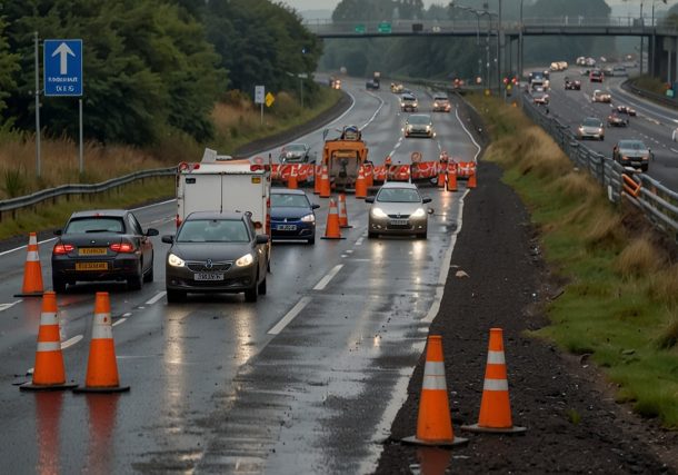 Vehicles follow a signed diversion route along the A4 near junction 12 of the M4 motorway, with orange cones and National Highways signs under a clear August 2025 sky.