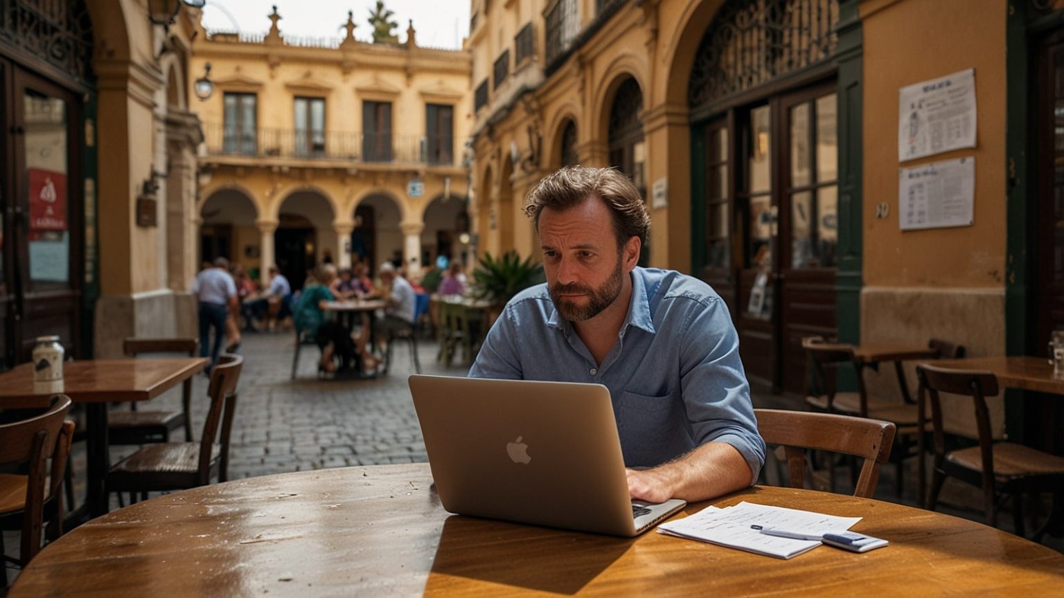 7 Biggest Mistakes When Moving to Spain A British expat in Seville sits at a café, surrounded by paperwork and a laptop, looking overwhelmed by Spain’s relocation challenges.