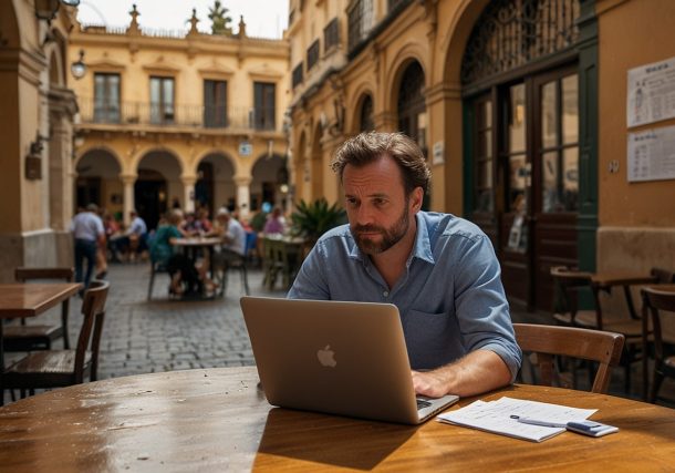 A British expat in Seville sits at a café, surrounded by paperwork and a laptop, looking overwhelmed by Spain’s relocation challenges.