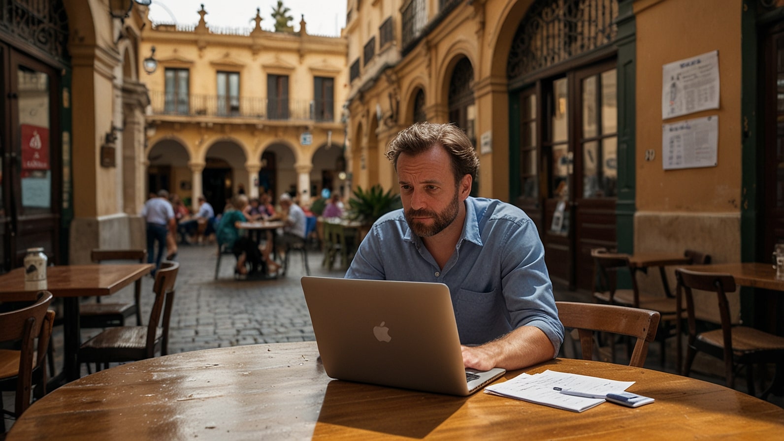 A British expat in Seville sits at a café, surrounded by paperwork and a laptop, looking overwhelmed by Spain’s relocation challenges.