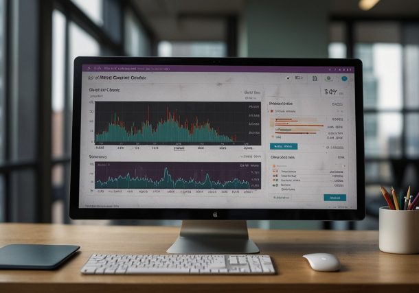 A computer screen shows a digital dashboard with data charts and alerts related to the DWP’s 2026 bank account checks, set against a modern office background.
