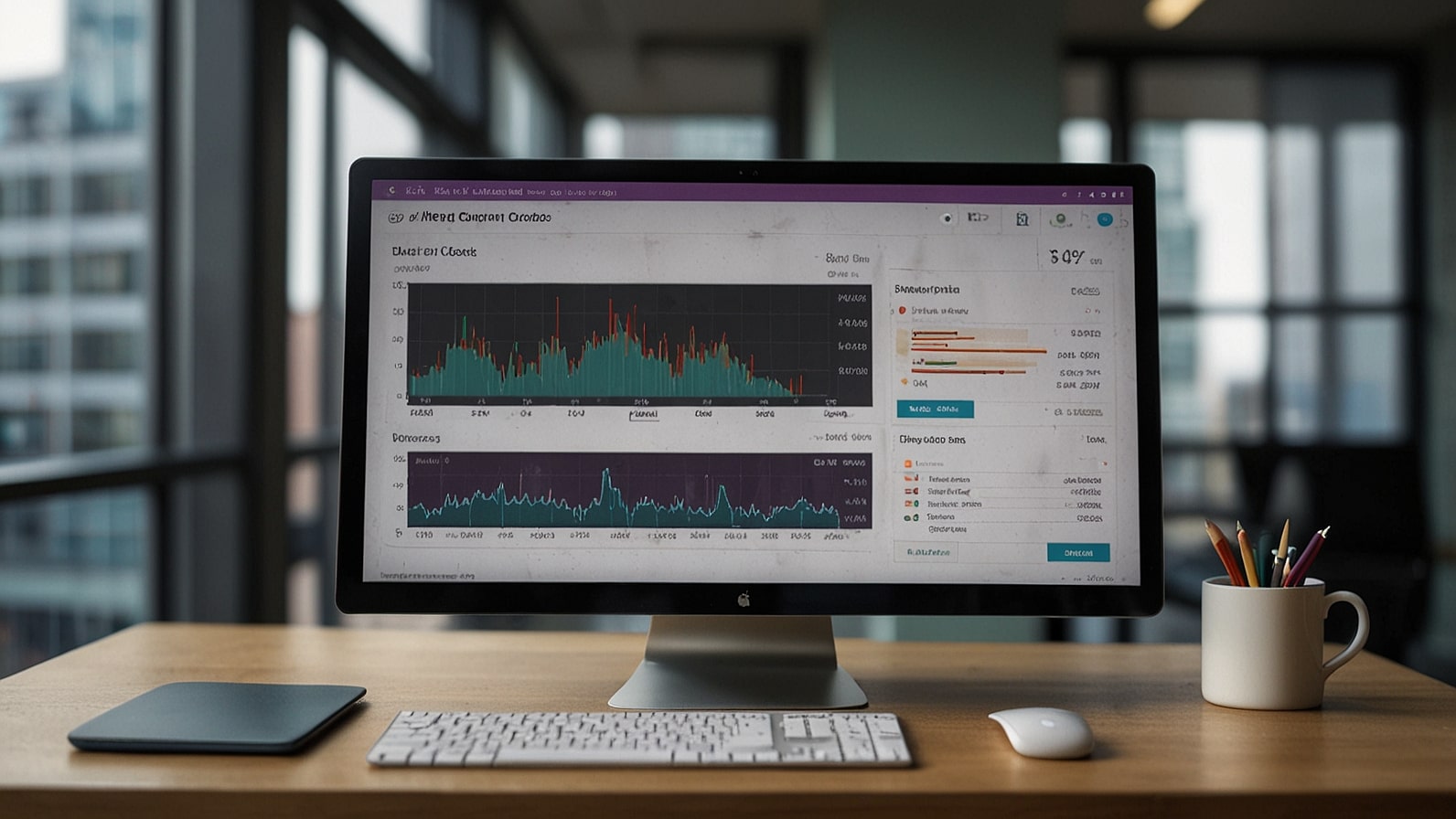 A computer screen shows a digital dashboard with data charts and alerts related to the DWP’s 2026 bank account checks, set against a modern office background.