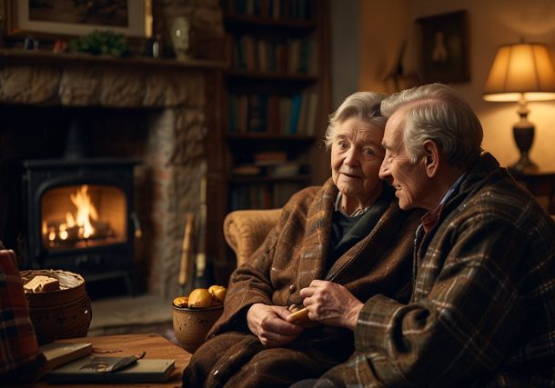 An elderly Scottish couple stays warm by a fireplace, grateful for the 2025 Pension Age Winter Heating Payment.