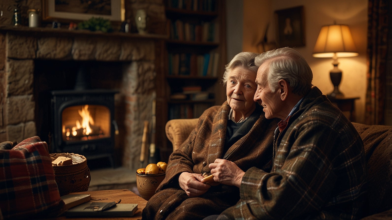 An elderly Scottish couple stays warm by a fireplace, grateful for the 2025 Pension Age Winter Heating Payment.