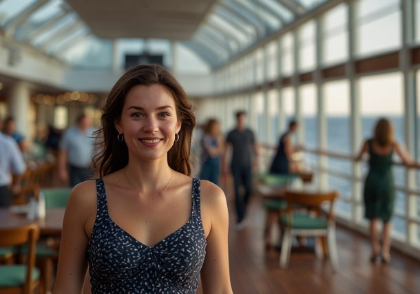 A passenger in a sling walks cautiously on a cruise ship deck, with a blurred dining area in the background.