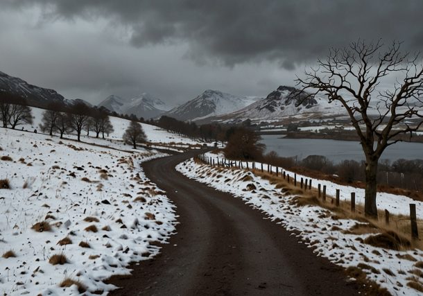 A snowy Highland landscape in Scotland under a cloudy sky, reflecting Met Office’s November 2025 snow forecast.