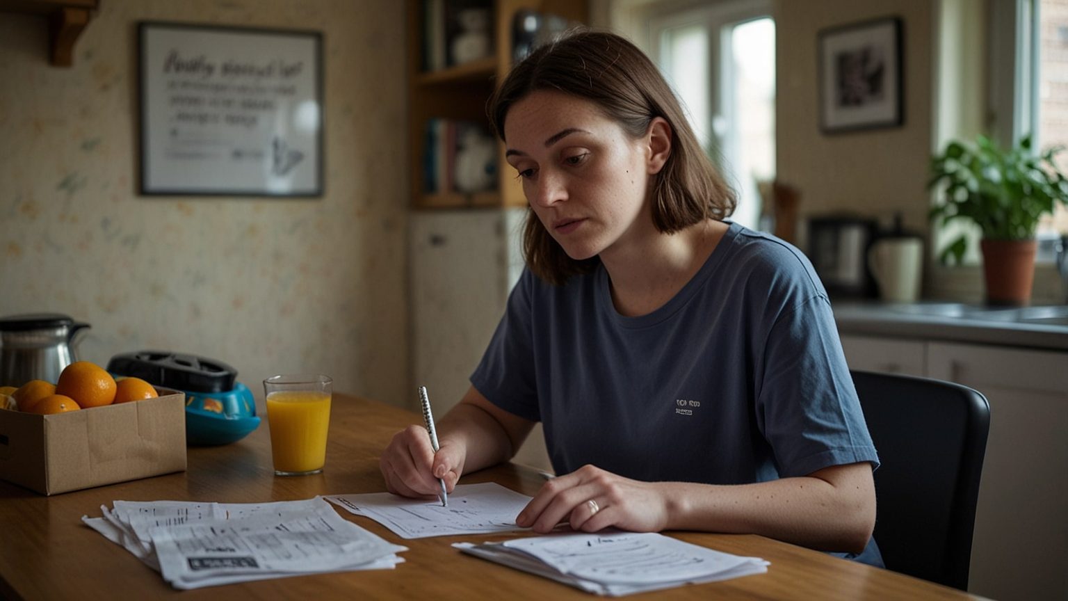 Extra Cost of Living Payment 2025 A single mother in Manchester reviews a DWP letter about the 2025 Cost of Living Payment, with grocery bags and bills on her kitchen table.