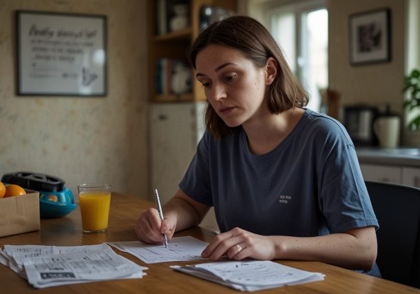 A single mother in Manchester reviews a DWP letter about the 2025 Cost of Living Payment, with grocery bags and bills on her kitchen table.