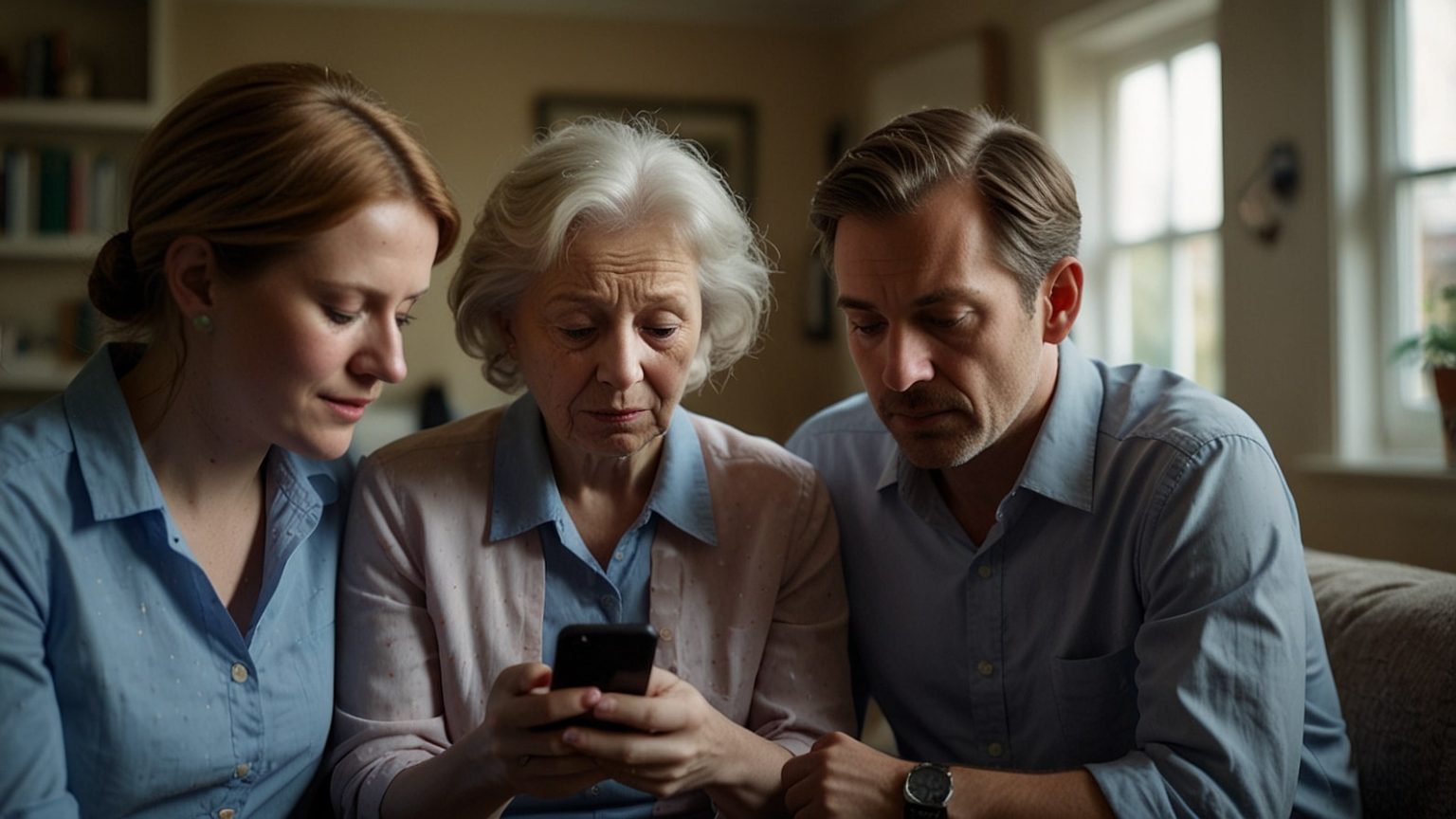 A worried UK family checks a smartphone for news about a rumored £450 cost of living payment in May 2025.