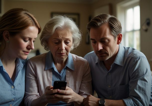 A worried UK family checks a smartphone for news about a rumored £450 cost of living payment in May 2025.