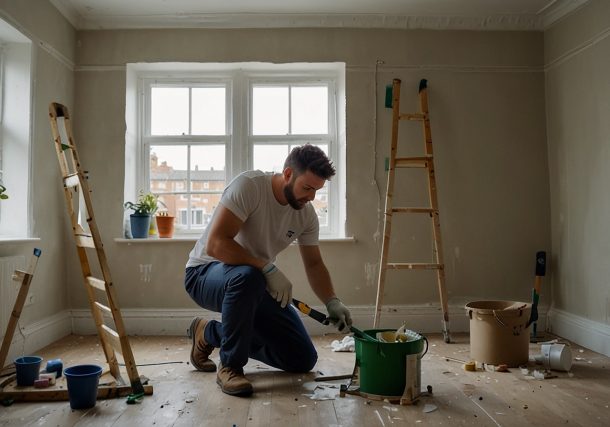 A self-employed painter and decorator applies vibrant paint to a London flat’s walls, surrounded by tools and drop cloths, with a tablet showing job quotes.