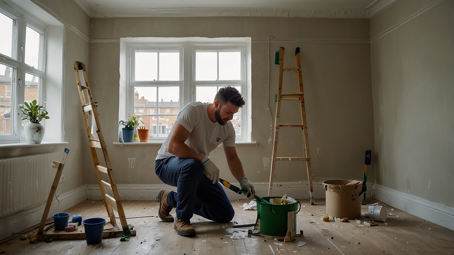 A self-employed painter and decorator applies vibrant paint to a London flat’s walls, surrounded by tools and drop cloths, with a tablet showing job quotes.