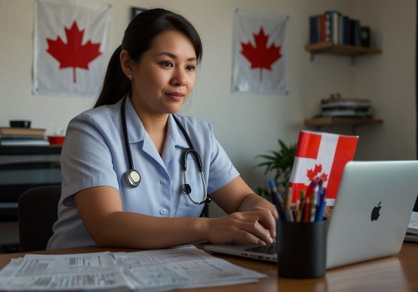 A Filipina caregiver in Toronto reviews immigration documents on a laptop, surrounded by caregiving supplies and a Canadian flag.
