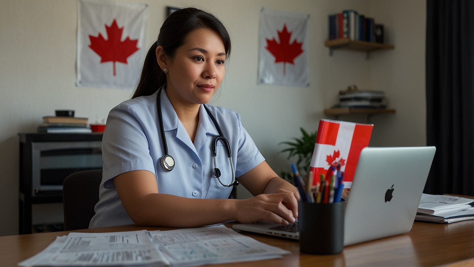 A Filipina caregiver in Toronto reviews immigration documents on a laptop, surrounded by caregiving supplies and a Canadian flag.