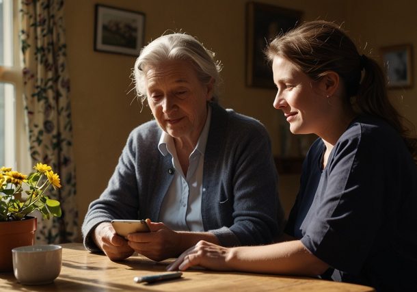 A support worker assists an elderly client with a meal in a cozy UK home, surrounded by care plans and a tablet for record-keeping.