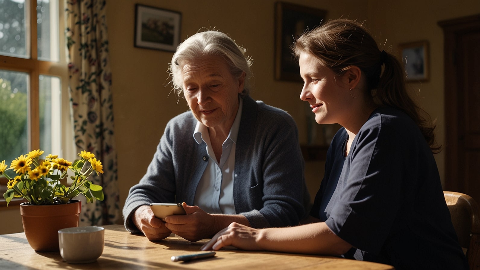 A support worker assists an elderly client with a meal in a cozy UK home, surrounded by care plans and a tablet for record-keeping.