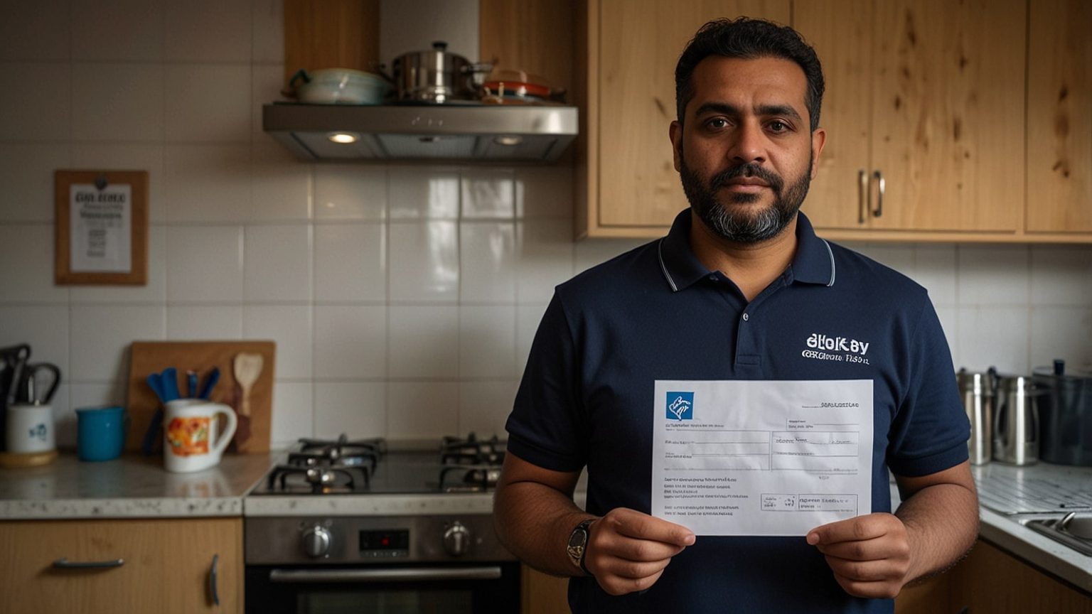 A Birmingham father holds a DWP letter about the £250 Cost of Living Payment, with school supplies and bills on a cluttered kitchen table.