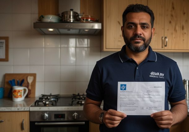 A Birmingham father holds a DWP letter about the £250 Cost of Living Payment, with school supplies and bills on a cluttered kitchen table.