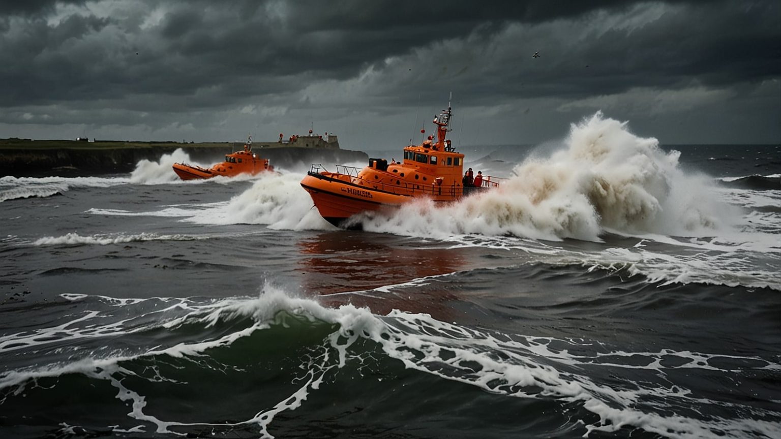 RNLI lifeboats speed through waves at Cullercoats Bay, rescuing a school group from rough seas in June 2025.
