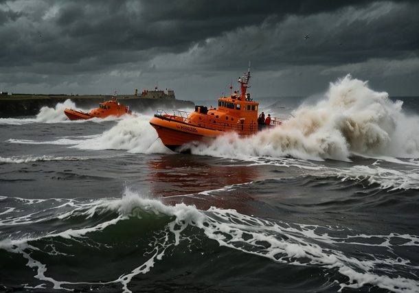 RNLI lifeboats speed through waves at Cullercoats Bay, rescuing a school group from rough seas in June 2025.