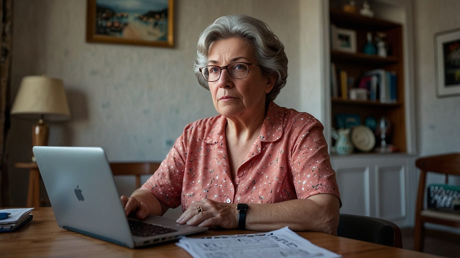 A stressed British expat reviews pension documents at a desk with a laptop, surrounded by a sunny Algarve backdrop.